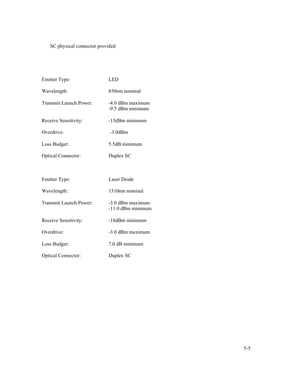 9 optical connector, 10 optical interface specification, Gigabit multimode (mm) 850nm (sx) | Gigabit single mode (sm) 1310nm lx, 9 optical, Connector -5, 10 optical interface specification -5 | CANOGA PERKINS 9135G SNMP Managed Gigabit Ethernet Switch User Manual | Page 59 / 66