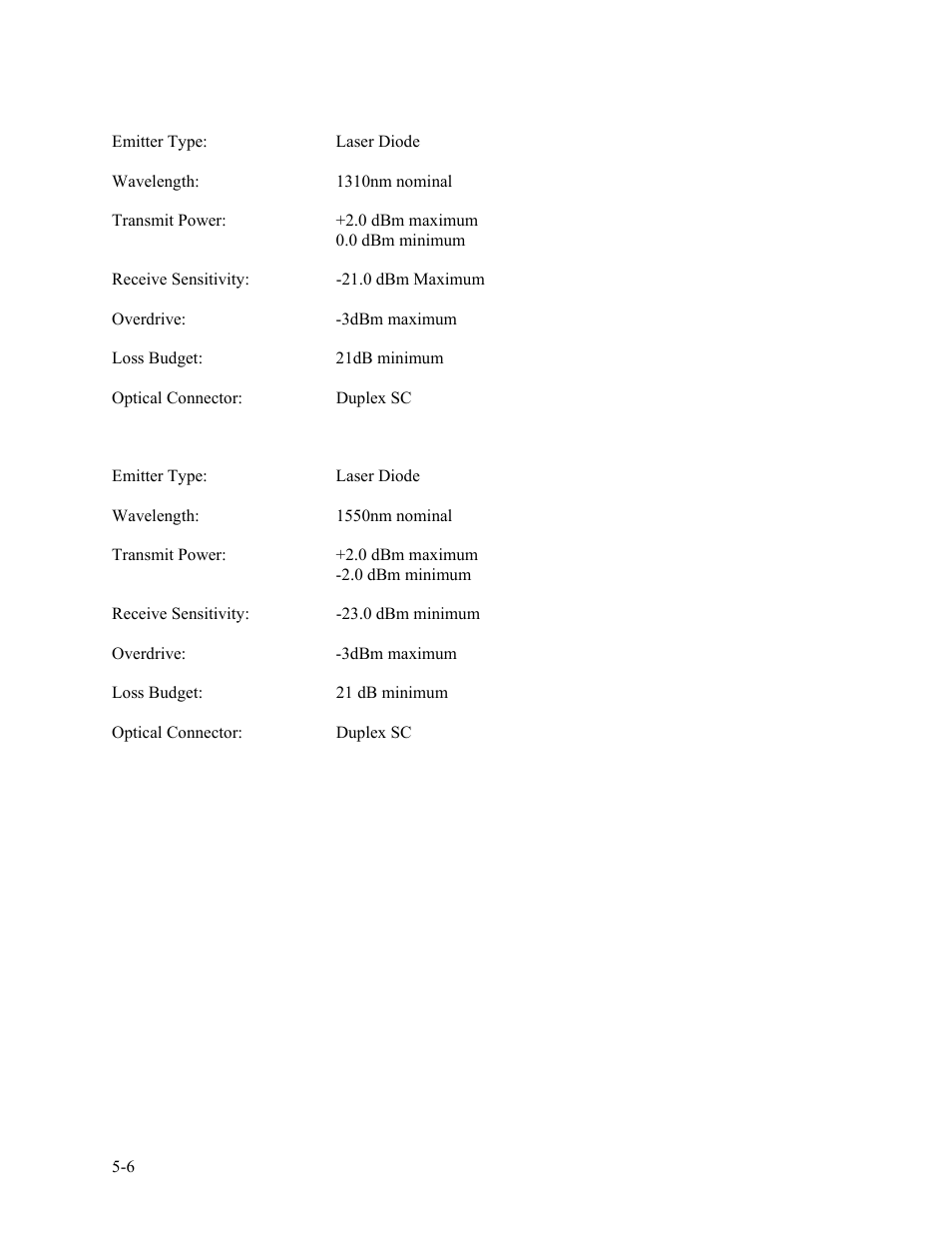 Gigabit single mode (sm) 1310nm ld (dfb), Gigabit single mode (sm) 1550nm ex (dfb) | CANOGA PERKINS 9135G SNMP Managed Gigabit Ethernet Switch User Manual | Page 60 / 66