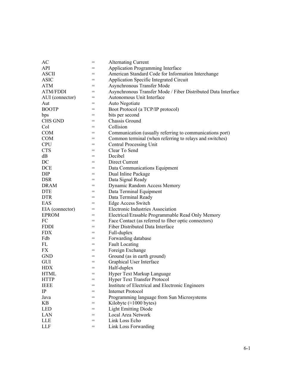 Chapter 6 acronyms, Acronym list, Chapter 6 acronyms -1 | CANOGA PERKINS 9135G SNMP Managed Gigabit Ethernet Switch User Manual | Page 61 / 66