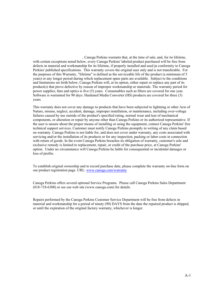 Appendix a warranty, Limited lifetime warranty, Warranty registration | Optional service programs, Customer service department repair warranty | CANOGA PERKINS 9135G SNMP Managed Gigabit Ethernet Switch User Manual | Page 63 / 66