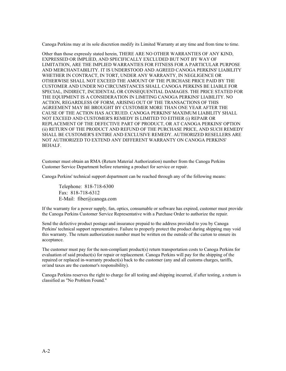 Limitations, Return policy | CANOGA PERKINS 9135G SNMP Managed Gigabit Ethernet Switch User Manual | Page 64 / 66