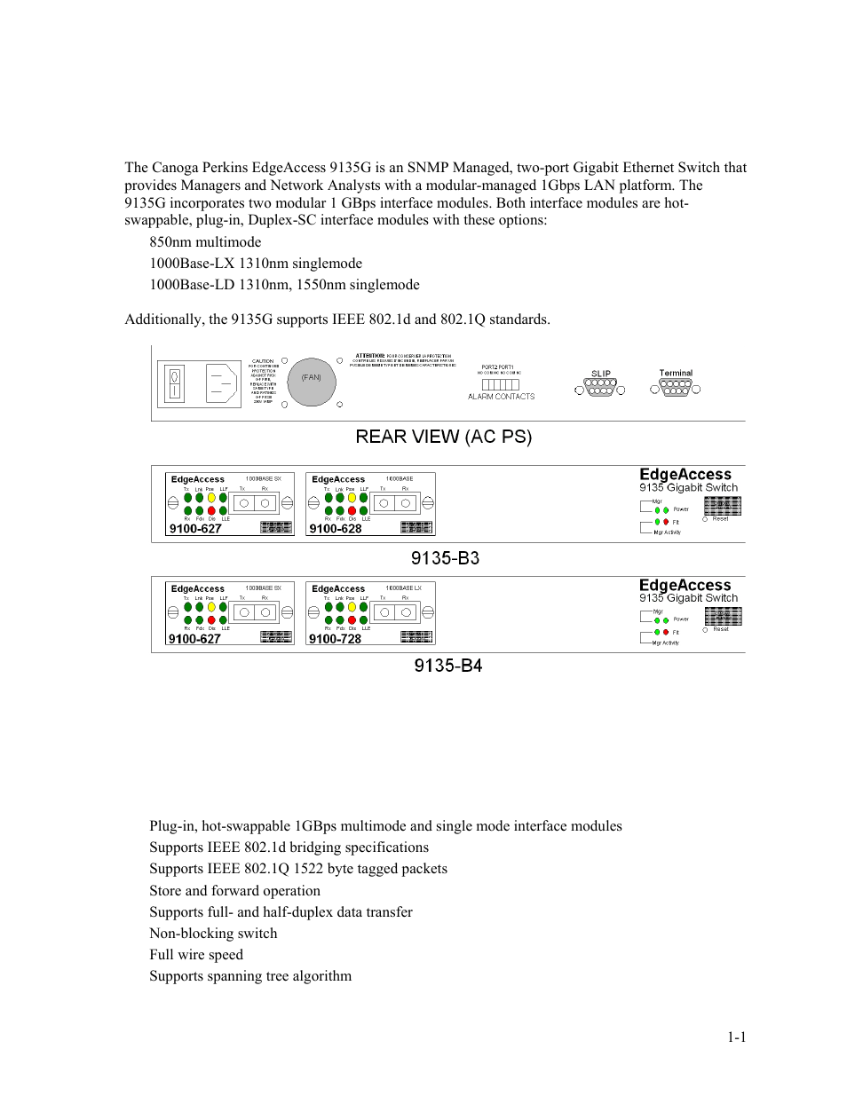 Chapter 1 overview, 1 features, Chapter 1 overview -1 | 1 features -1 | CANOGA PERKINS 9135G SNMP Managed Gigabit Ethernet Switch User Manual | Page 7 / 66