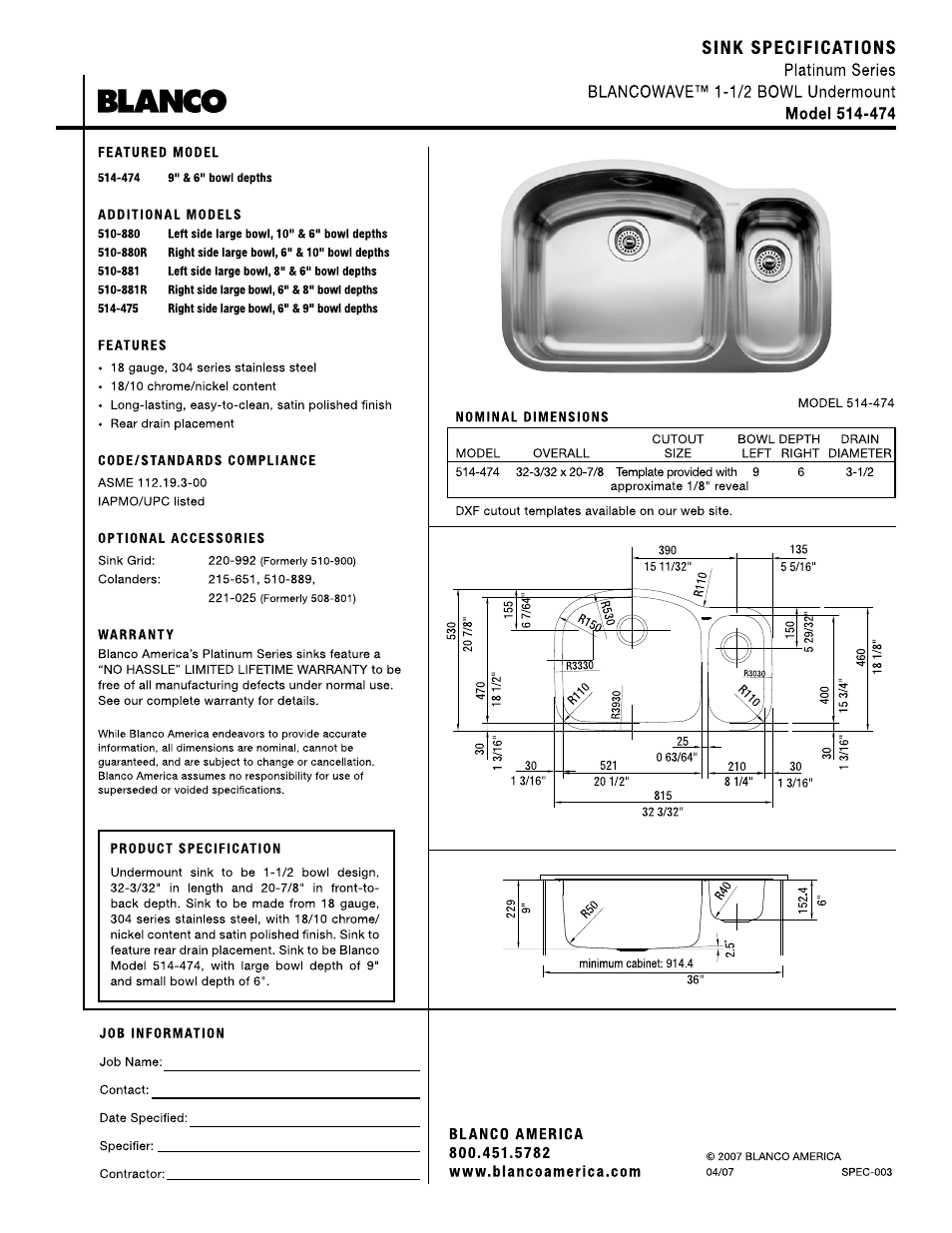 Blanco 514-474 User Manual | 1 page