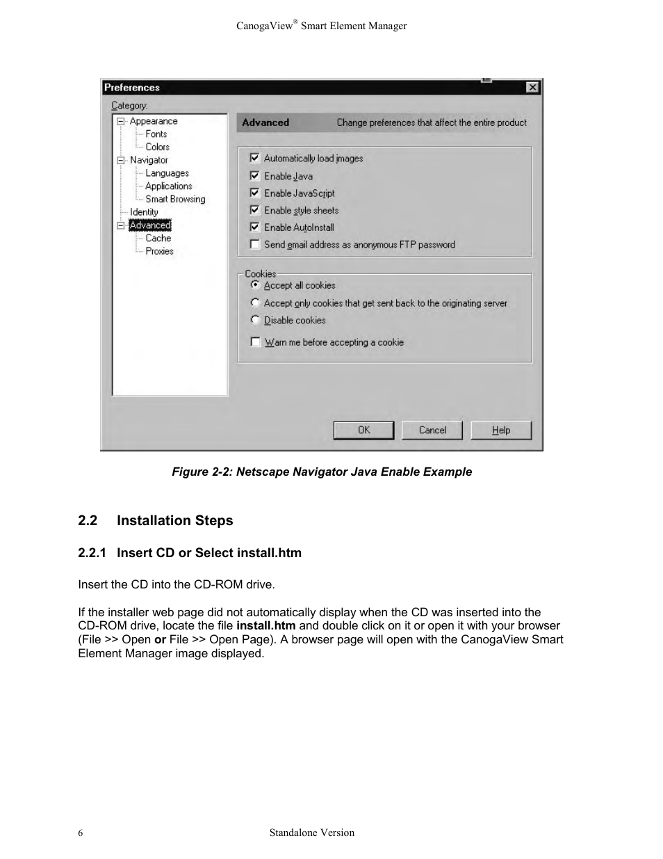 2installation steps, 1insert cd or select install.htm, Installation steps | Insert cd or select install.htm, Figure 2-2: netscape navigator java enable example, 2 installation steps | CANOGA PERKINS CanogaView Smart Element Manager User Manual | Page 12 / 77