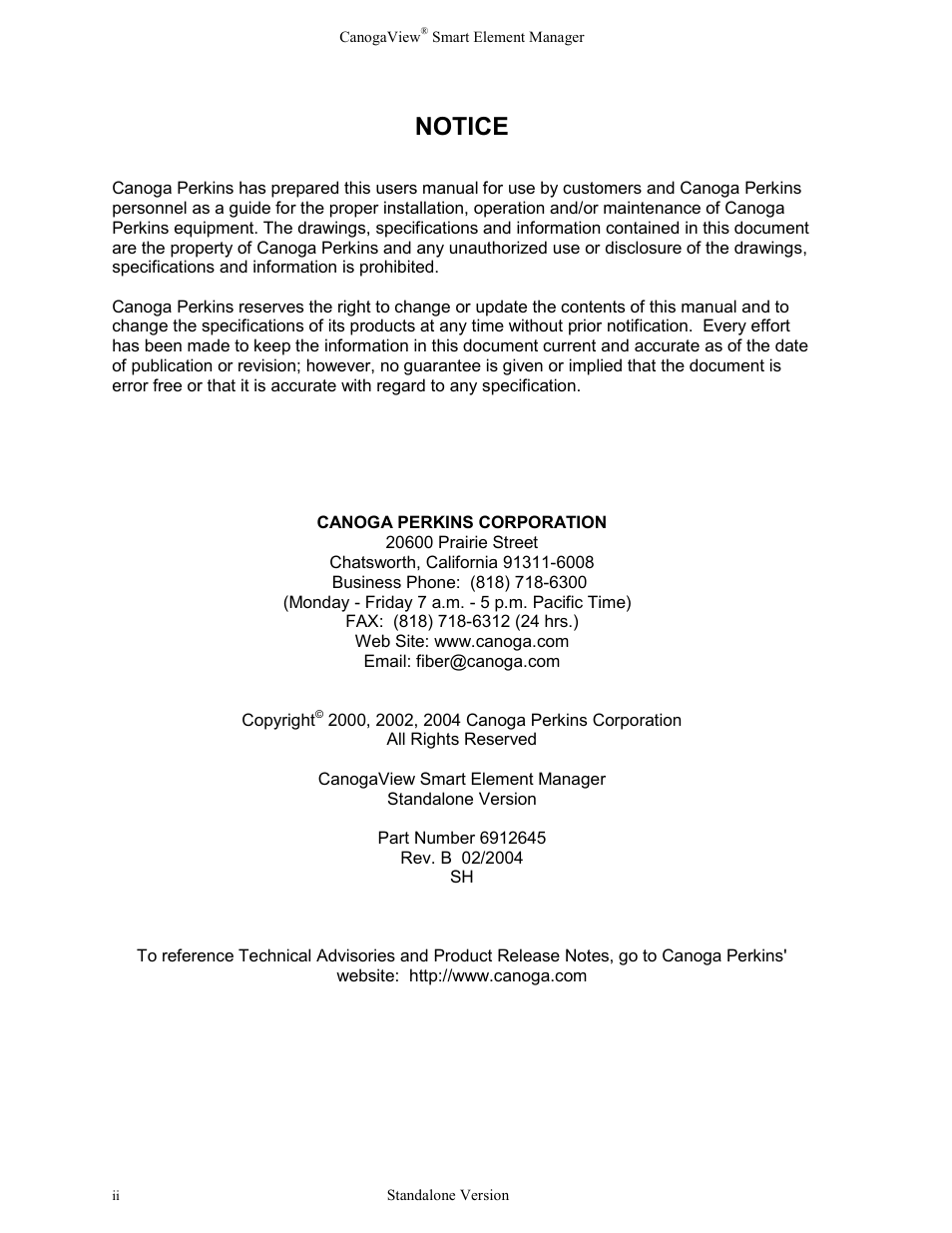 Notice | CANOGA PERKINS CanogaView Smart Element Manager User Manual | Page 2 / 77
