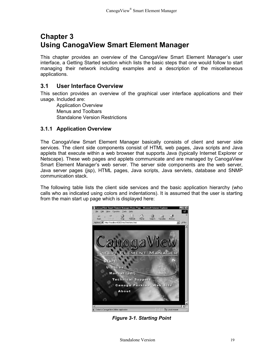 Chapter 3 using canogaview smart element manager, User interface overview, 1application overview | Application overview, Figure 3-1. starting point | CANOGA PERKINS CanogaView Smart Element Manager User Manual | Page 25 / 77