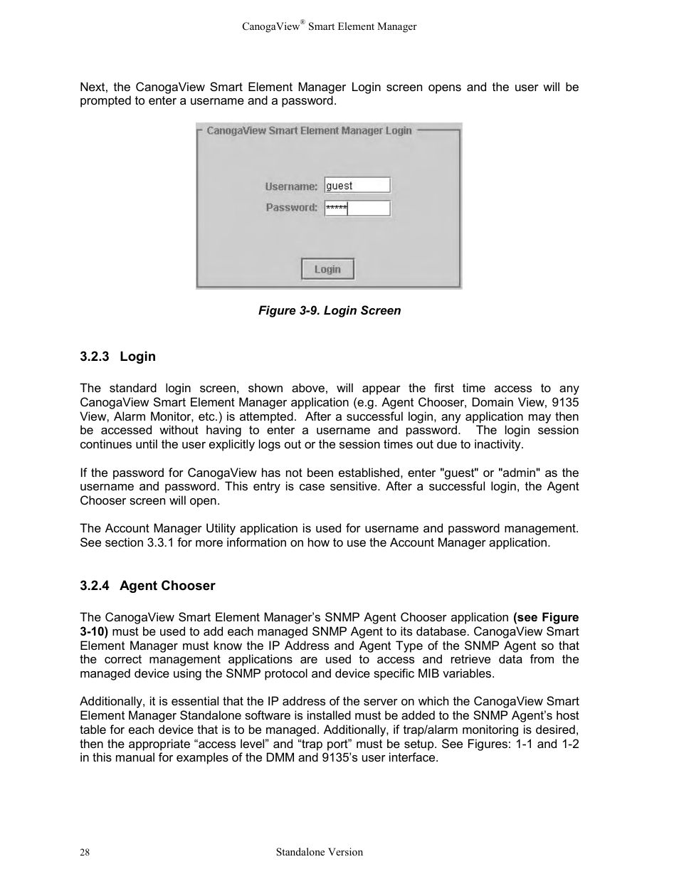 3login, 4agent chooser, Login | Agent chooser, Figure 3-9. login screen | CANOGA PERKINS CanogaView Smart Element Manager User Manual | Page 34 / 77
