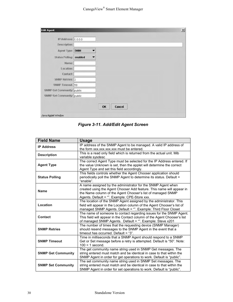 Figure 3-11. add/edit agent screen | CANOGA PERKINS CanogaView Smart Element Manager User Manual | Page 36 / 77