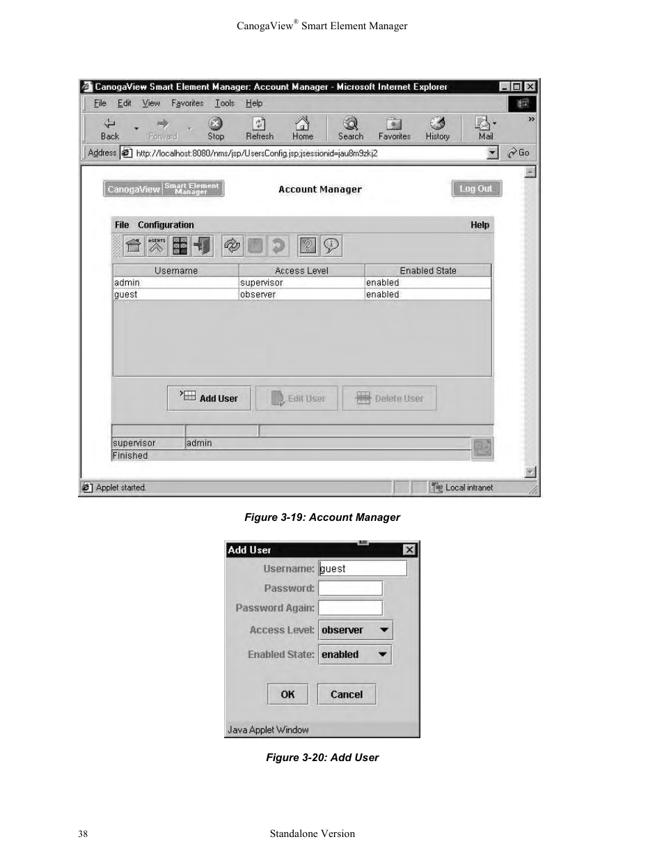 Figure 3-19: account manager figure 3-20: add user | CANOGA PERKINS CanogaView Smart Element Manager User Manual | Page 44 / 77