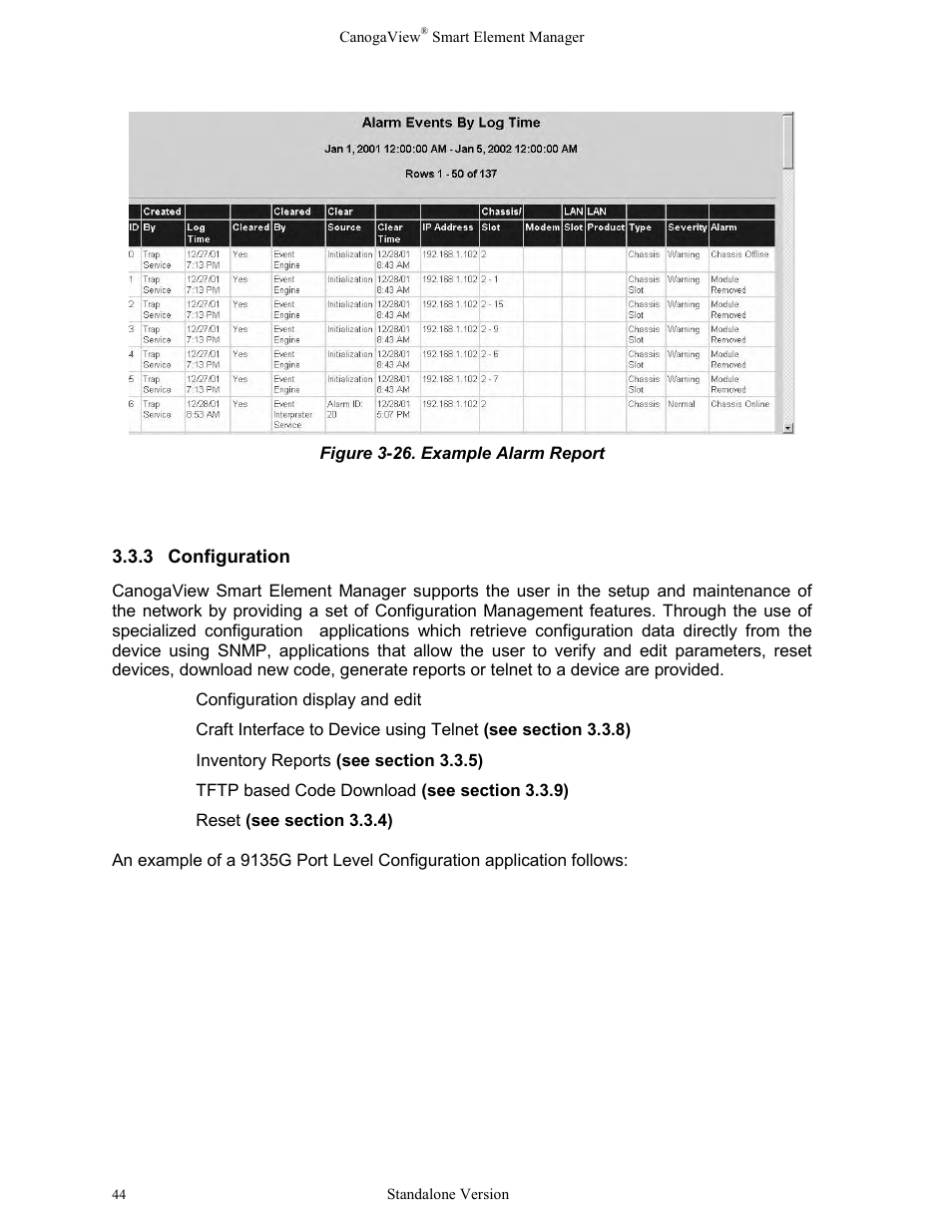 3configuration, Configuration, Figure 3-26. example alarm report | CANOGA PERKINS CanogaView Smart Element Manager User Manual | Page 50 / 77