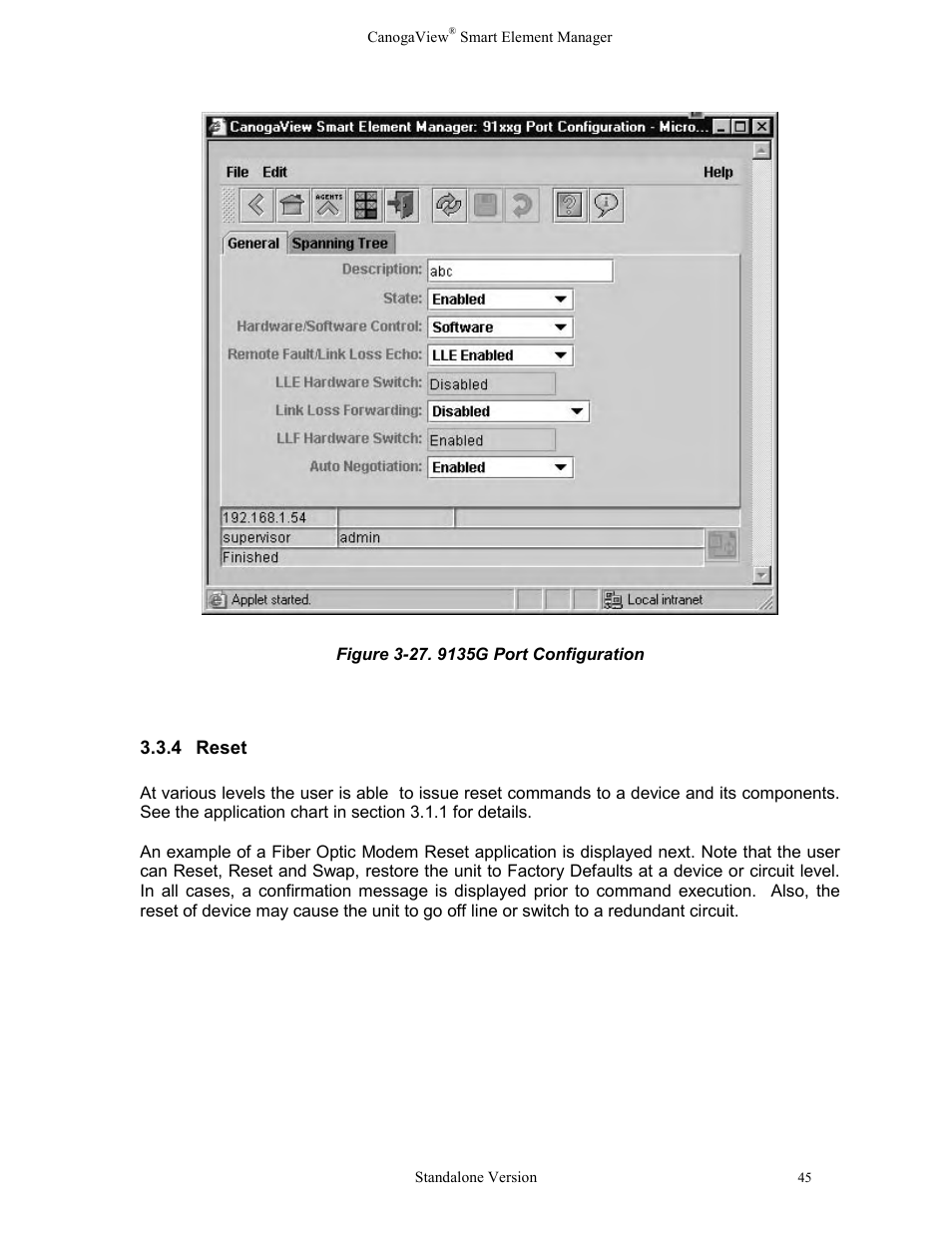 4reset, Reset, Figure 3-27. 9135g port configuration | CANOGA PERKINS CanogaView Smart Element Manager User Manual | Page 51 / 77
