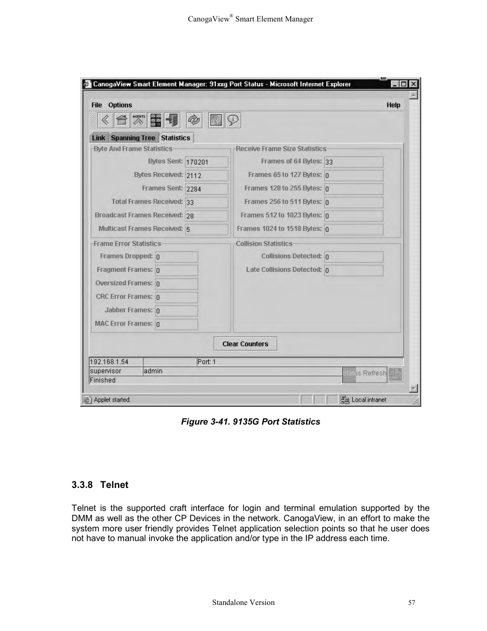 8telnet, Telnet, Figure 3-41. 9135g port statistics | CANOGA PERKINS CanogaView Smart Element Manager User Manual | Page 63 / 77