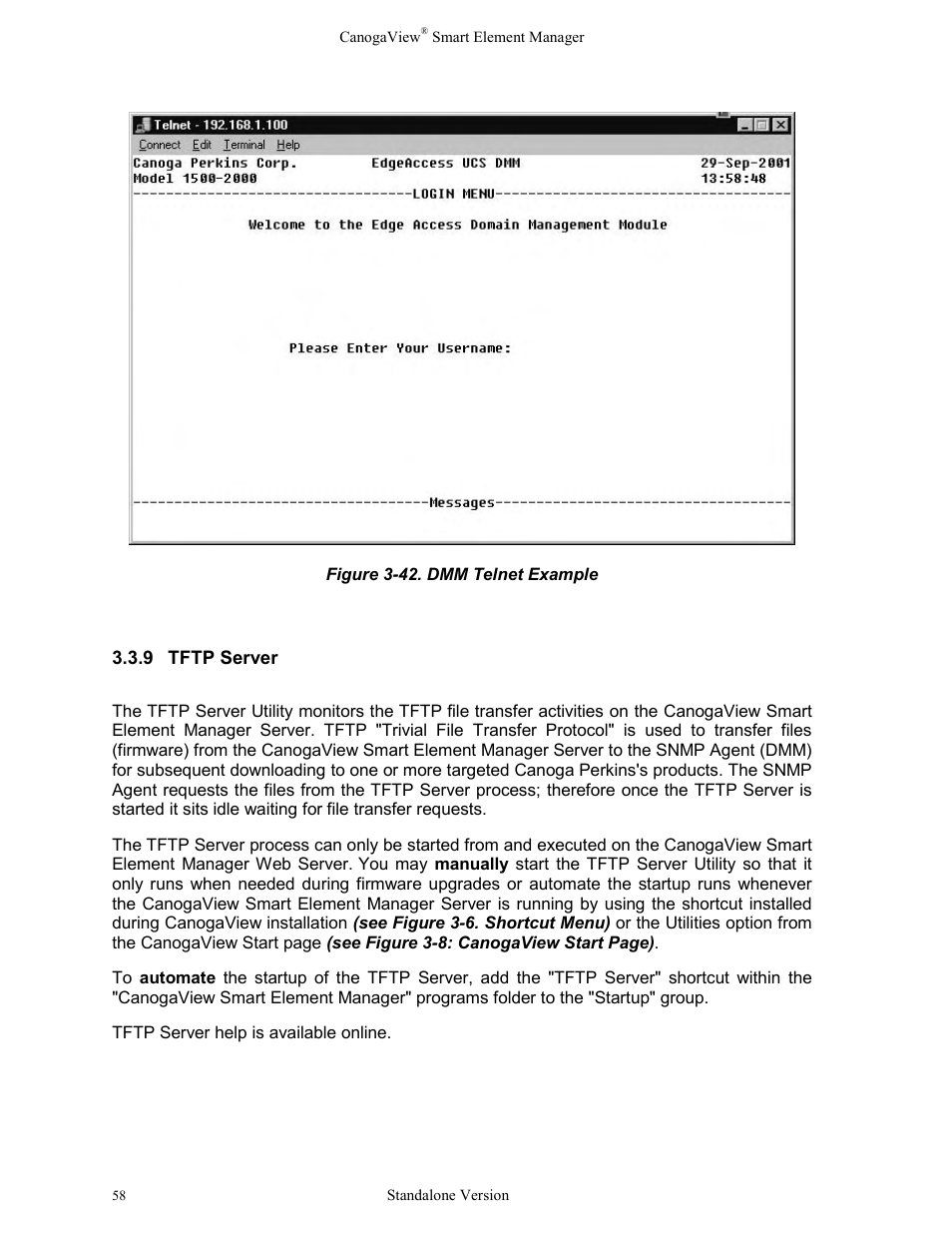 9tftp server, Tftp server, Figure 3-42. dmm telnet example | CANOGA PERKINS CanogaView Smart Element Manager User Manual | Page 64 / 77