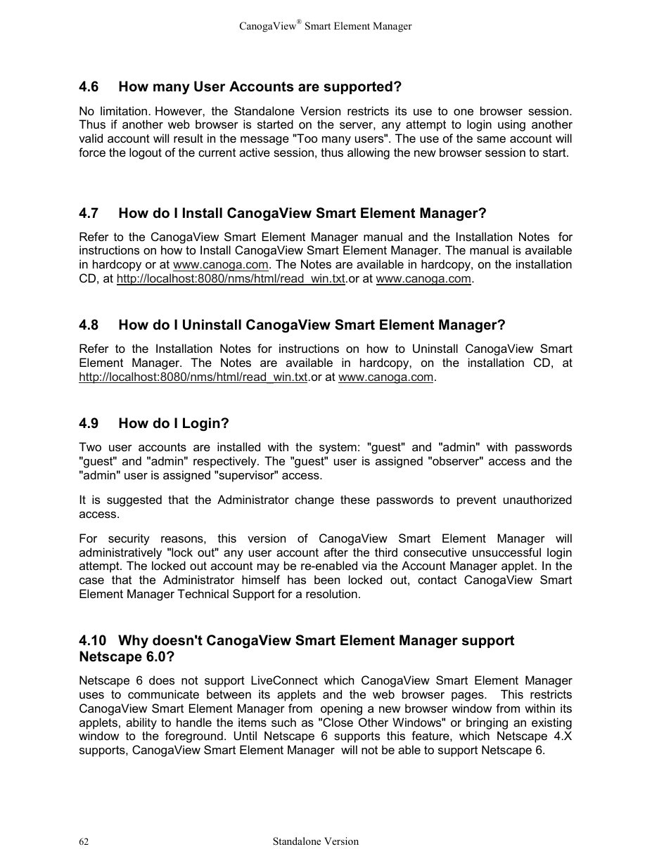 6how many user accounts are supported, 7how do i install canogaview smart element manager, 9how do i login | How many user accounts are supported, How do i install canogaview smart element manager, How do i login | CANOGA PERKINS CanogaView Smart Element Manager User Manual | Page 68 / 77