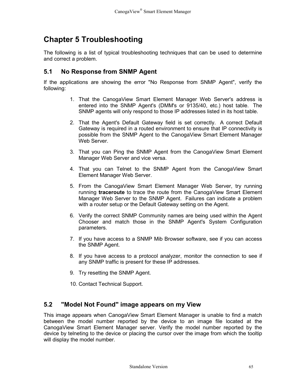 Troubleshooting, 1no response from snmp agent, 2"model not found" image appears on my view | Chapter 5 troubleshooting 5.1, No response from snmp agent, Model not found" image appears on my view, Chapter 5 troubleshooting | CANOGA PERKINS CanogaView Smart Element Manager User Manual | Page 71 / 77