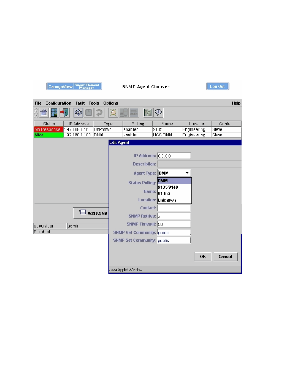 Figure 1-3: snmp agent chooser showing edit window | CANOGA PERKINS CanogaView Smart Element Manager User Manual | Page 12 / 80