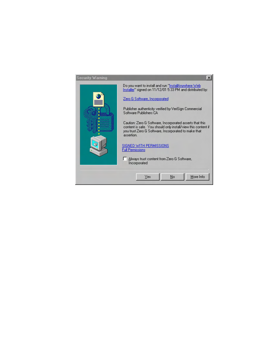 2 installanywhere security warning, 3 start installer for windows, Start installer for windows | Figure 2-3: installanywhere security warning | CANOGA PERKINS CanogaView Smart Element Manager User Manual | Page 15 / 80