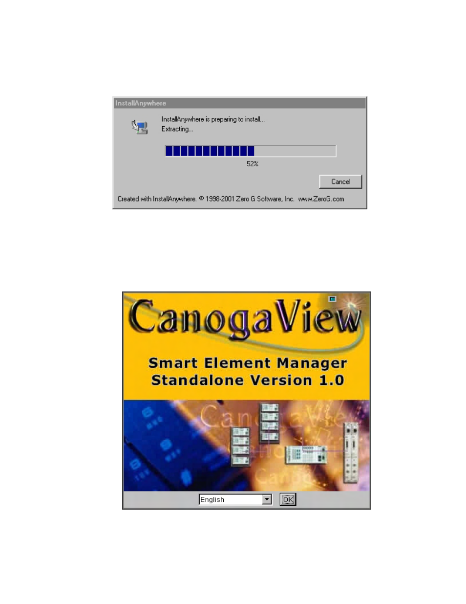 4 progress meter, 5 product splash, Progress meter | Product splash, Figure 2-5: installer progress meter, Figure 2-6: installer language selection | CANOGA PERKINS CanogaView Smart Element Manager User Manual | Page 17 / 80