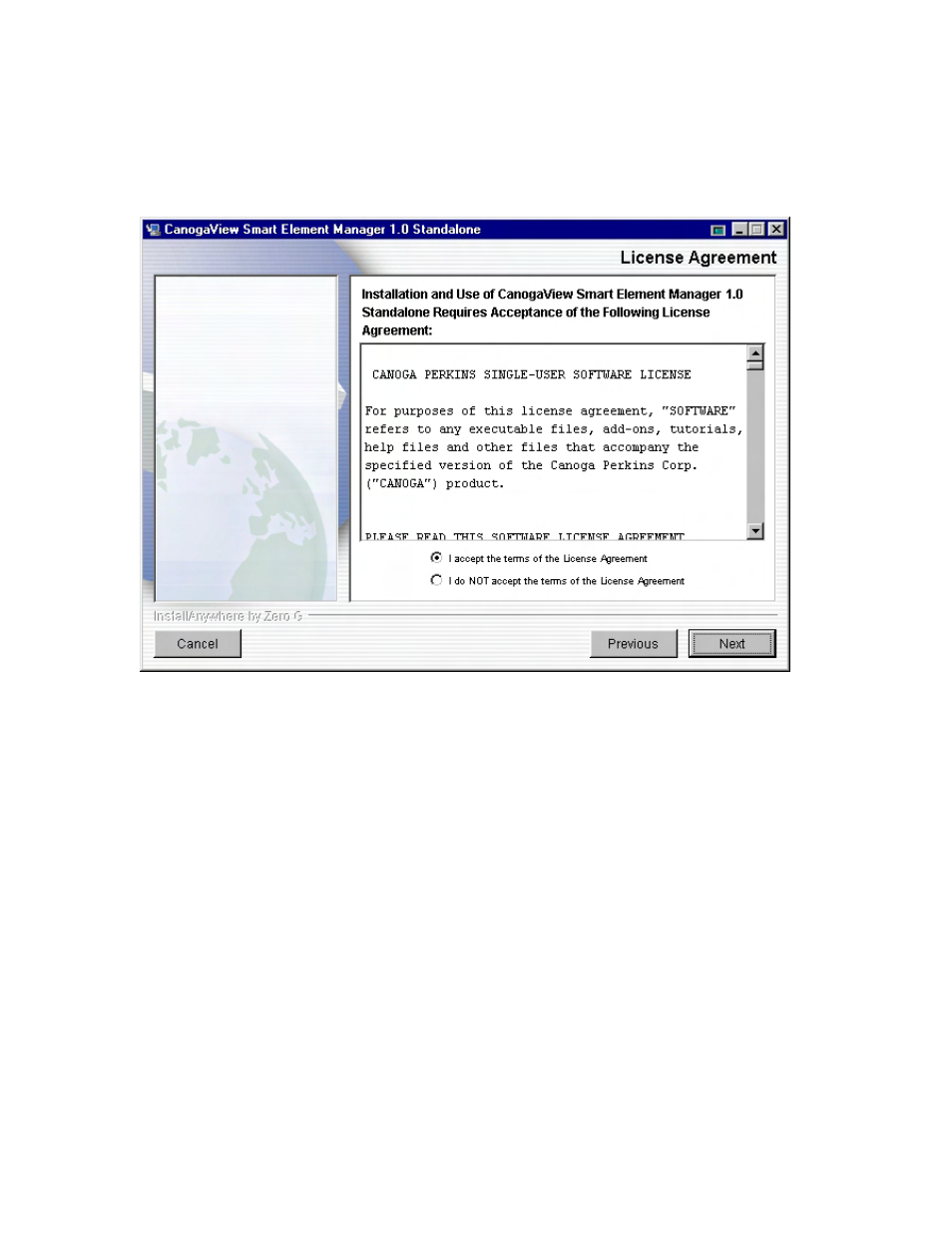 7 license agreement, License agreement, Figure 2-8: license agreement | CANOGA PERKINS CanogaView Smart Element Manager User Manual | Page 19 / 80