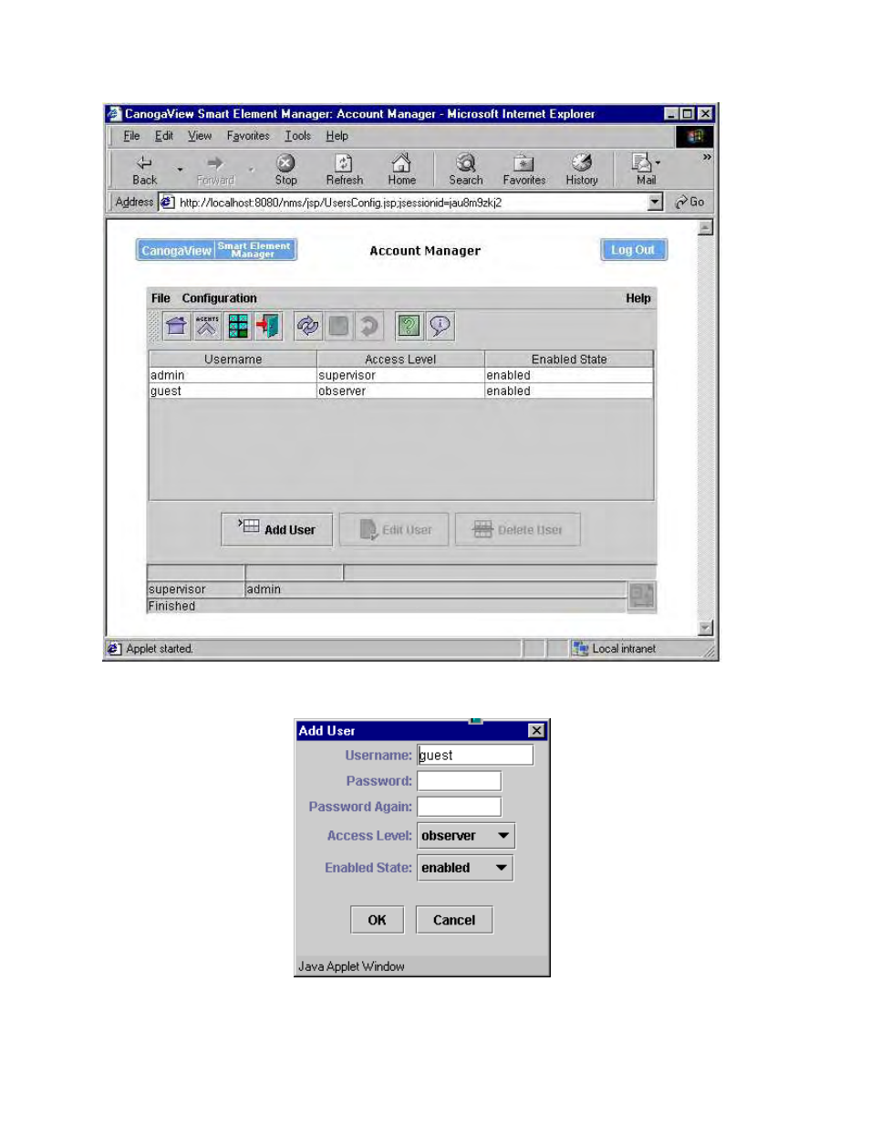 Figure 3-19: account manager, Figure 3-20: add user | CANOGA PERKINS CanogaView Smart Element Manager User Manual | Page 46 / 80