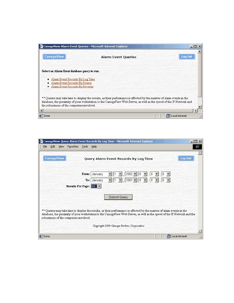 Figure 3-24. alarm event queries, Figure 3-25. alarms records by log time input | CANOGA PERKINS CanogaView Smart Element Manager User Manual | Page 51 / 80
