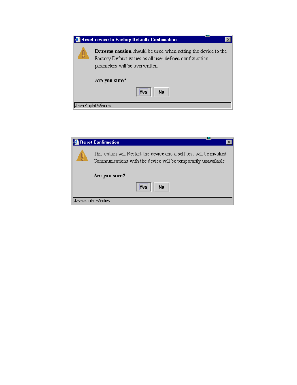 5 reports, Reports, Figure 3-30. factory defaults confirmation example | Figure 3-31. reset confirmation example | CANOGA PERKINS CanogaView Smart Element Manager User Manual | Page 55 / 80