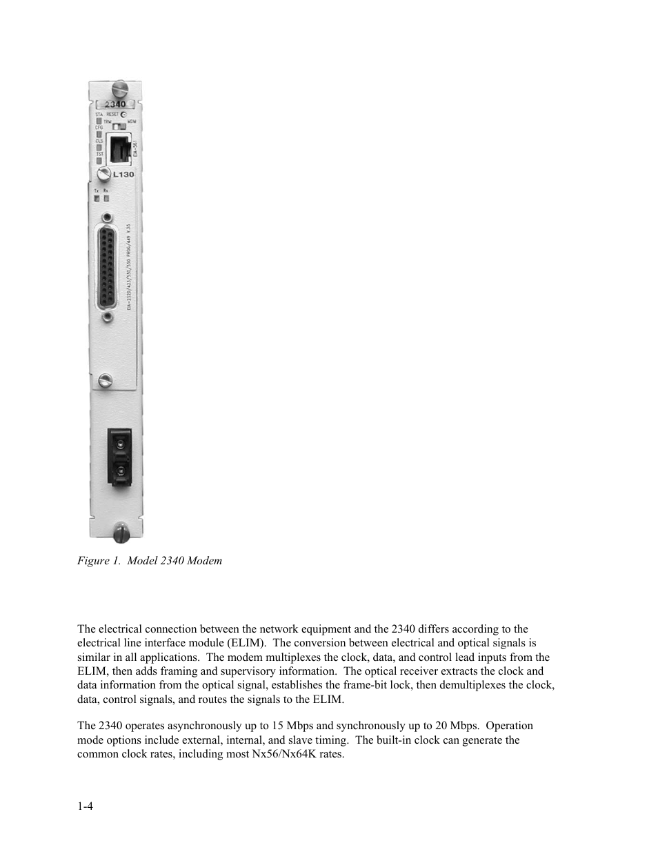 1 modem operation, Modem operation -4, Figure 1. model 2340 modem -4 | CANOGA PERKINS 2340 High-Speed Universal Fiber Optic Modem User Manual | Page 12 / 60