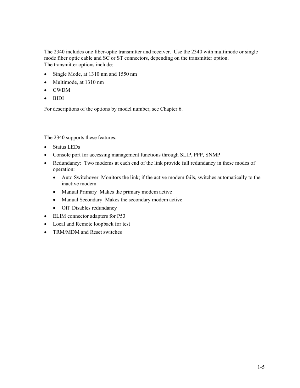 2 fiber optic options, 3 features, Fiber optic options -5 | Features -5 | CANOGA PERKINS 2340 High-Speed Universal Fiber Optic Modem User Manual | Page 13 / 60