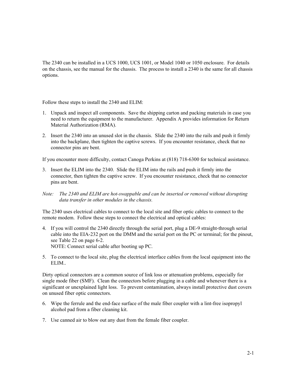 Chapter 2 chapter 2installation and setup, 1 installation, Chapter 2 installation and setup -1 | Installation -1, Chapter 2 installation and setup | CANOGA PERKINS 2340 High-Speed Universal Fiber Optic Modem User Manual | Page 15 / 60
