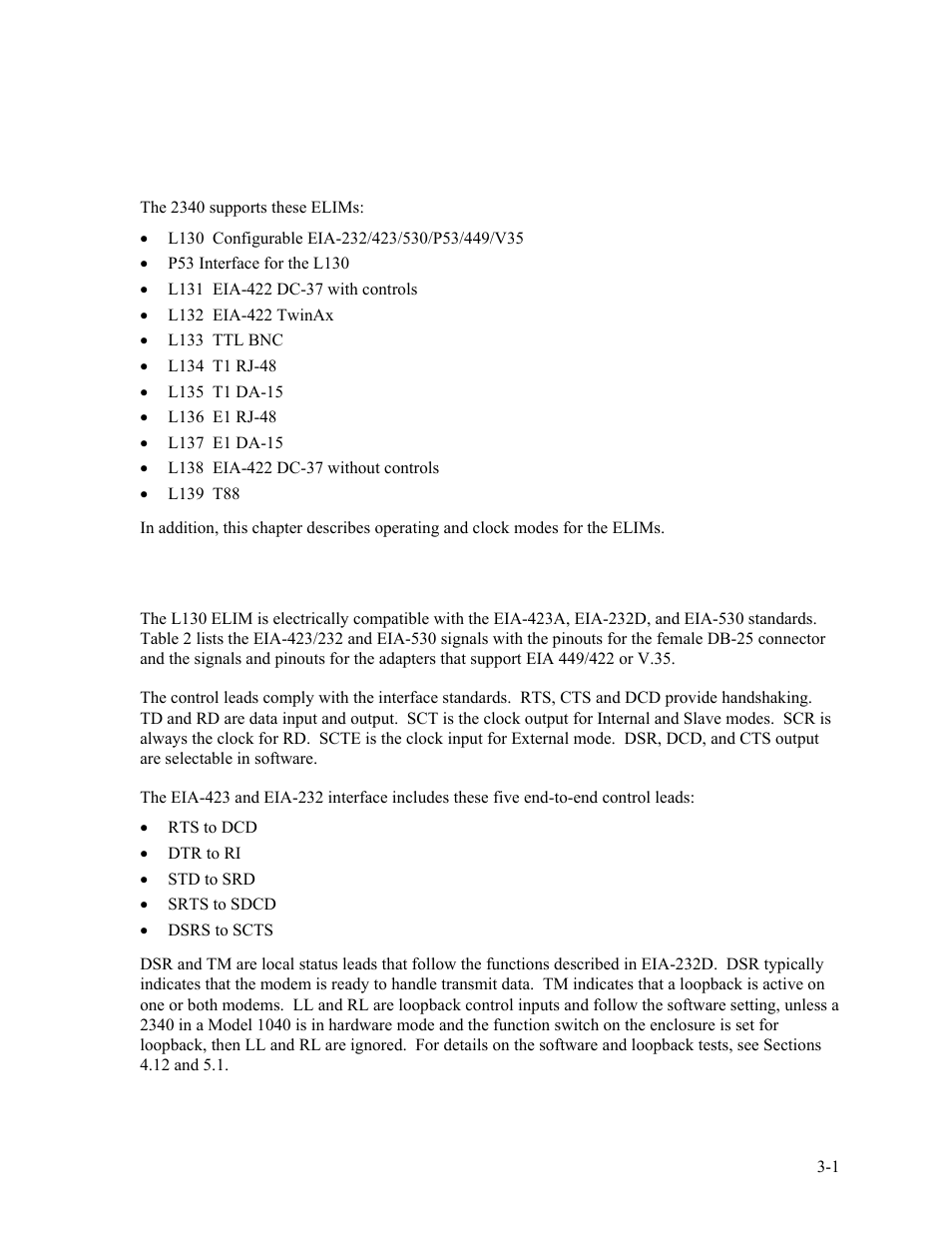 Chapter 3 chapter 3electrical data interfaces, 1 l130: configurable eia-232/423/530/p53/449/v35, Chapter 3 electrical data interfaces -1 | L130: configurable eia-232/423/530/p53/449/v35 -1, Chapter 3 electrical data interfaces | CANOGA PERKINS 2340 High-Speed Universal Fiber Optic Modem User Manual | Page 19 / 60