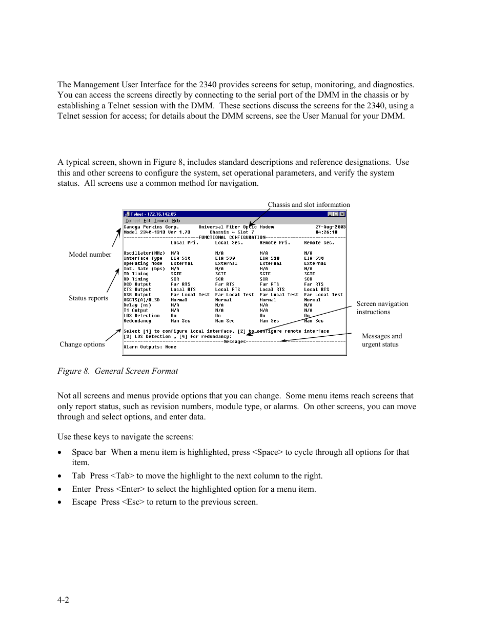 3 management user interface, 1 general screen format, Management user interface -2 | General screen format -2, Figure 8. general screen format -2 | CANOGA PERKINS 2340 High-Speed Universal Fiber Optic Modem User Manual | Page 30 / 60