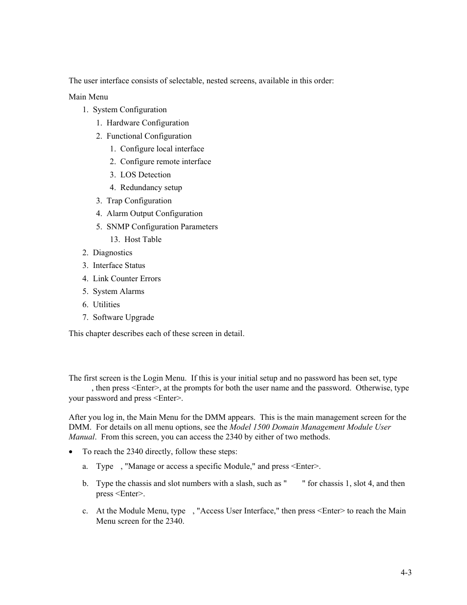 2 user interface organization, 3 login screen and dmm main menu, User interface organization -3 | Login screen and dmm main menu -3 | CANOGA PERKINS 2340 High-Speed Universal Fiber Optic Modem User Manual | Page 31 / 60