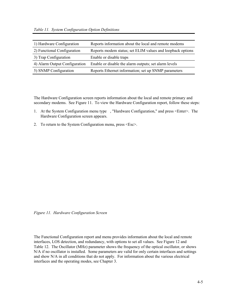 6 hardware configuration, 7 functional configuration, Hardware configuration -5 | Functional configuration -5, Figure 11. hardware configuration screen -5, Ction 4.7 | CANOGA PERKINS 2340 High-Speed Universal Fiber Optic Modem User Manual | Page 33 / 60