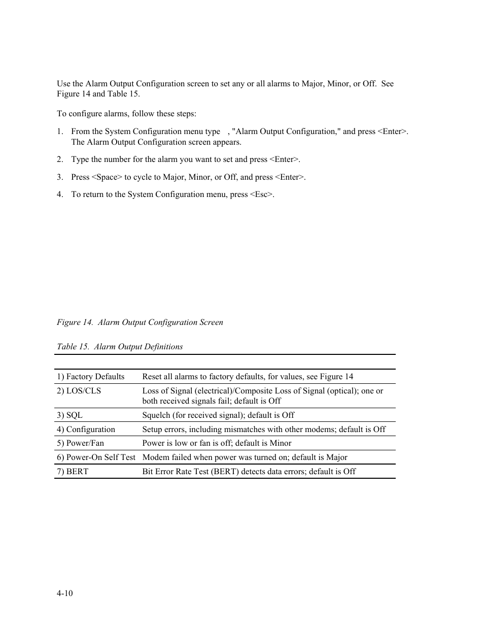 9 alarm output configuration, Alarm output configuration -10, Figure 14. alarm output configuration screen -10 | Table 15. alarm output definitions -10 | CANOGA PERKINS 2340 High-Speed Universal Fiber Optic Modem User Manual | Page 38 / 60