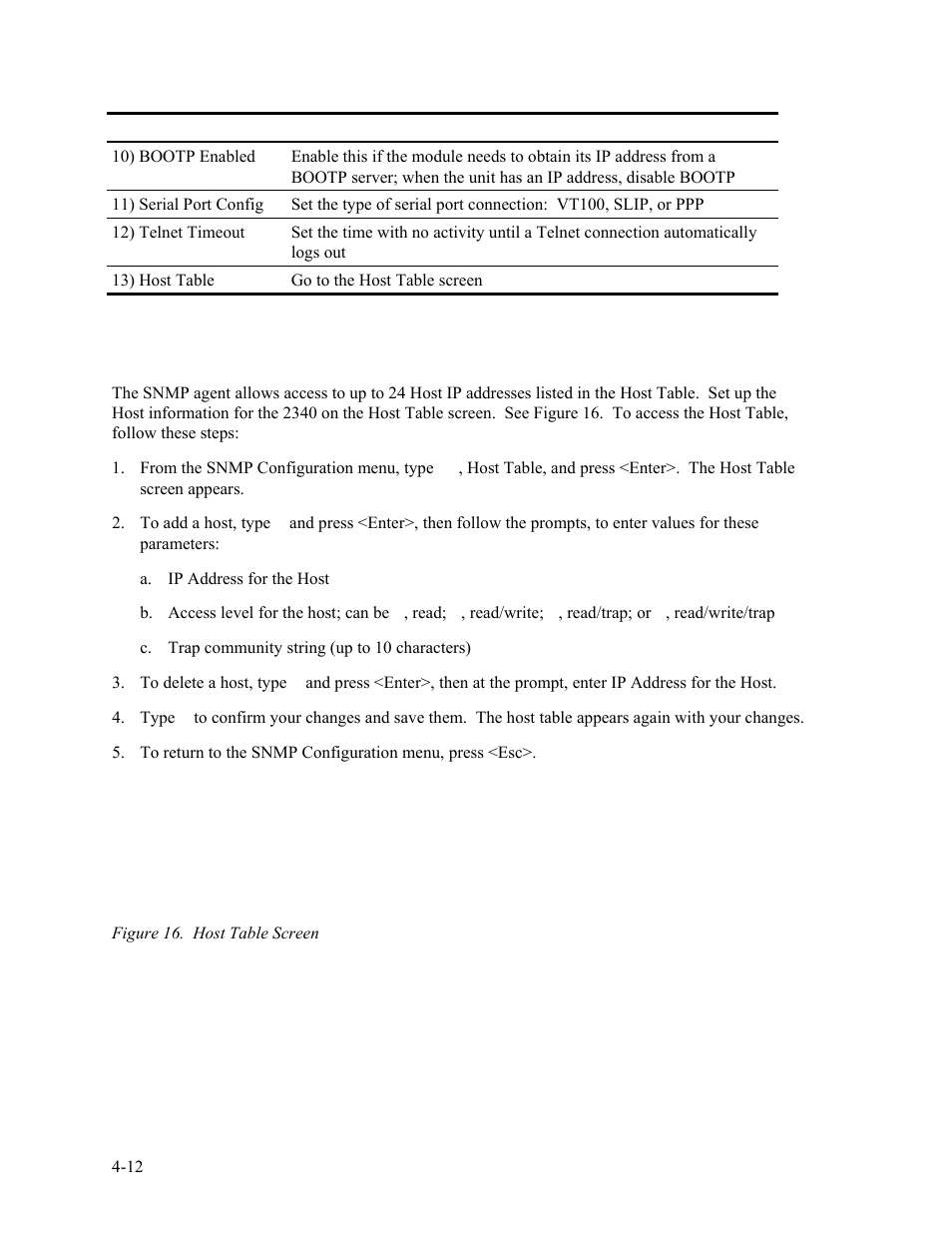 11 host table, Host table -12, Figure 16. host table screen -12 | CANOGA PERKINS 2340 High-Speed Universal Fiber Optic Modem User Manual | Page 40 / 60