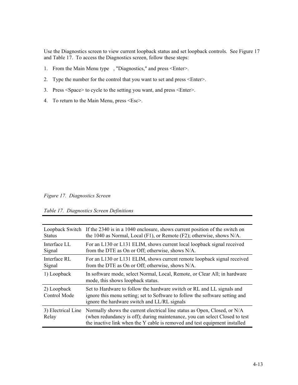 12 diagnostics, Diagnostics -13, Figure 17. diagnostics screen -13 | Table 17. diagnostics screen definitions -13 | CANOGA PERKINS 2340 High-Speed Universal Fiber Optic Modem User Manual | Page 41 / 60