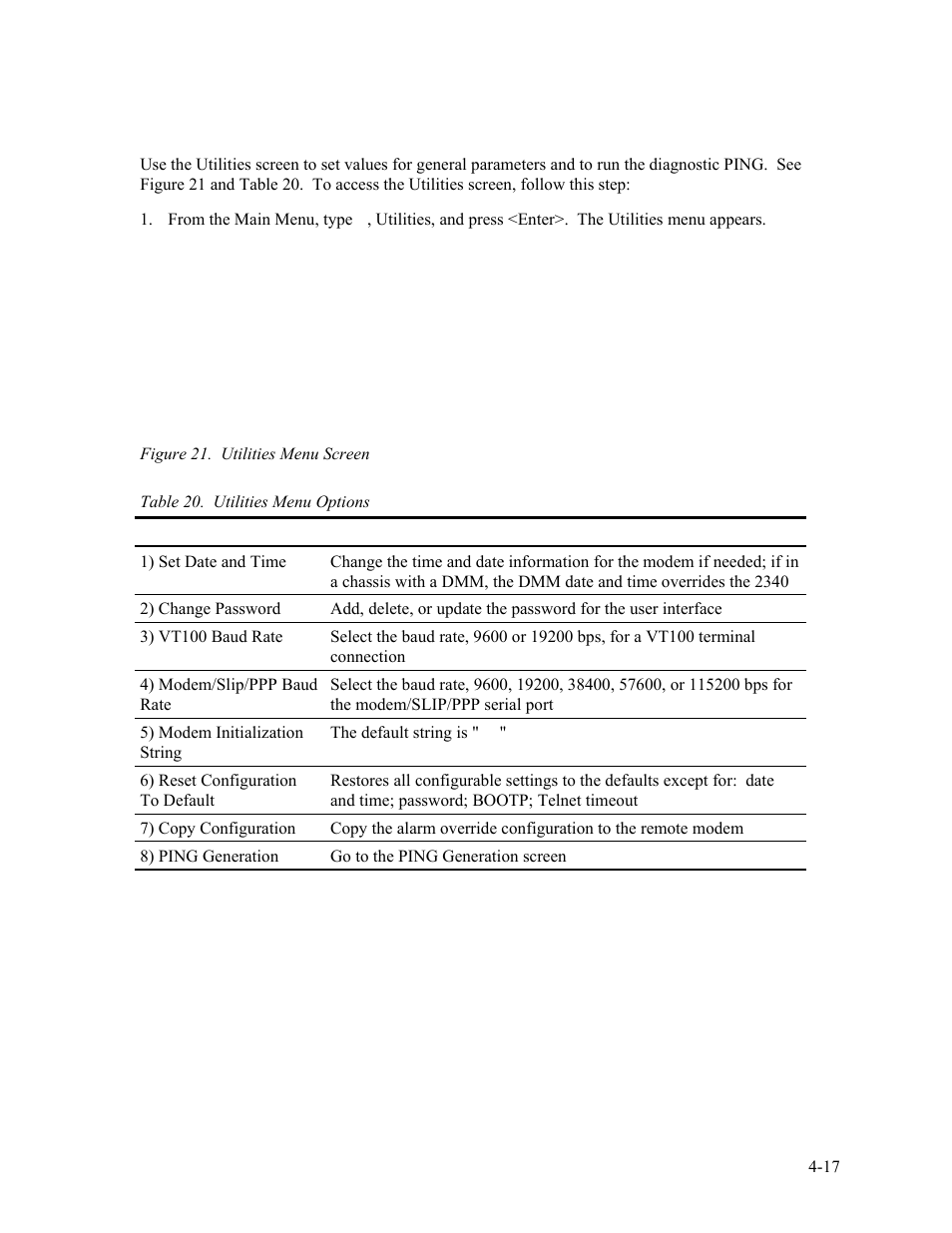 16 utilities, Utilities -17, Figure 21. utilities menu screen -17 | Table 20. utilities menu options -17 | CANOGA PERKINS 2340 High-Speed Universal Fiber Optic Modem User Manual | Page 45 / 60