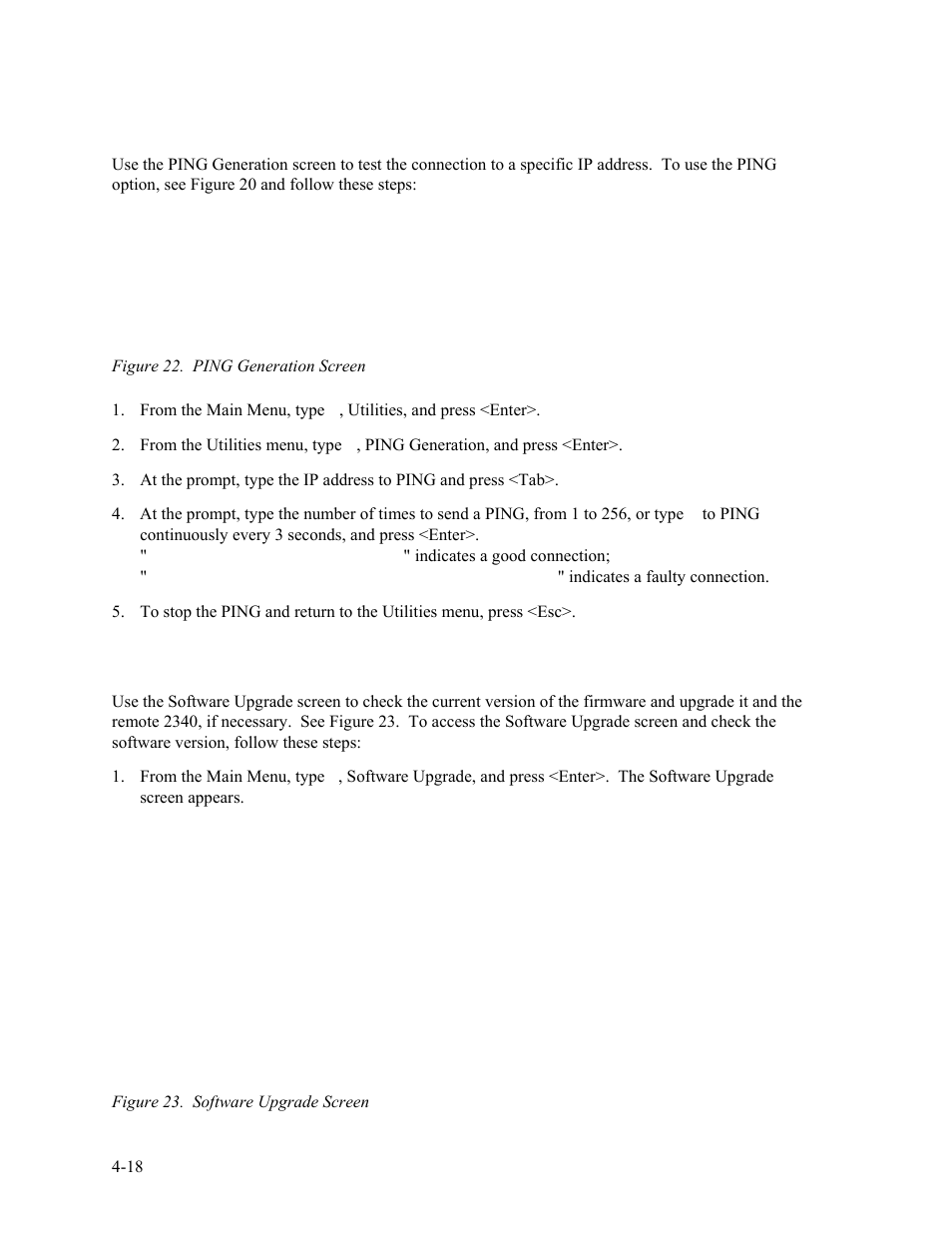 17 ping, 18 software upgrade, Ping -18 | Software upgrade -18, Figure 22. ping generation screen -18, Figure 23. software upgrade screen -18 | CANOGA PERKINS 2340 High-Speed Universal Fiber Optic Modem User Manual | Page 46 / 60