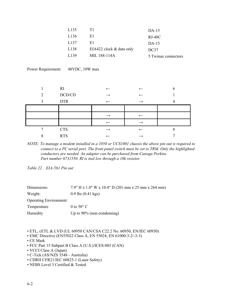 3 physical / environmental, 4 regulatory compliance, Physical / environmental -2 | Regulatory compliance -2, Table 22 . eia-561 pin out -2 | CANOGA PERKINS 2340 High-Speed Universal Fiber Optic Modem User Manual | Page 54 / 60