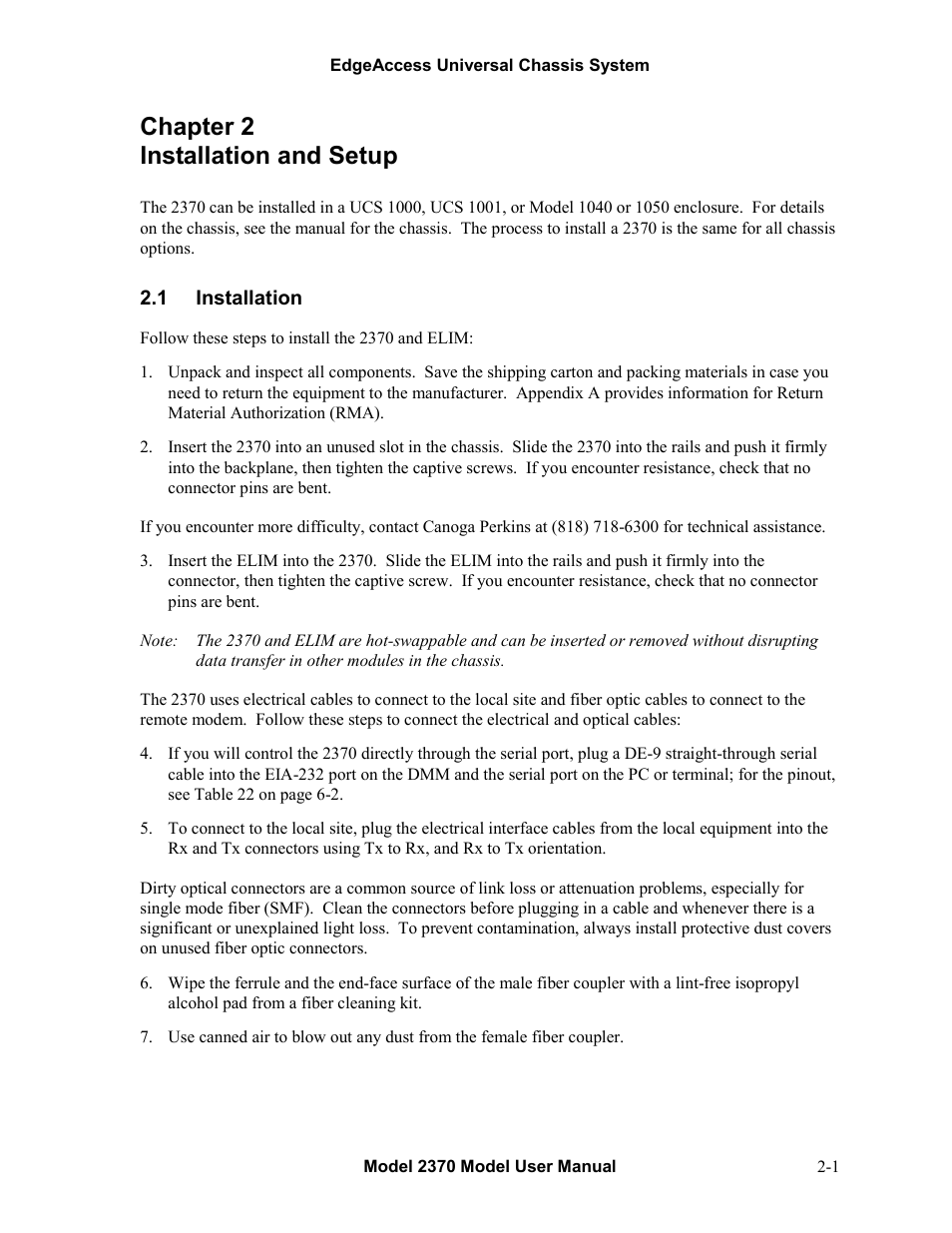 Chapter 2 installation and setup, 1installation, Chapter 2 installation and setup -1 | Installation -1 | CANOGA PERKINS 2370 High-Speed Universal Fiber Optic Modem User Manual | Page 13 / 56