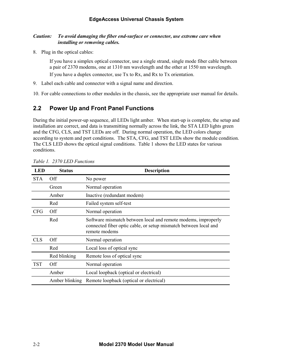 2power up and front panel functions, Power up and front panel functions -2, Table 1. 2370 led functions -2 | CANOGA PERKINS 2370 High-Speed Universal Fiber Optic Modem User Manual | Page 14 / 56