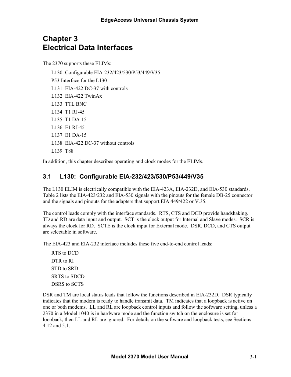 Chapter 3 electrical data interfaces, 1l130: configurable eia-232/423/530/p53/449/v35, Chapter 3 electrical data interfaces -1 | L130: configurable eia-232/423/530/p53/449/v35 -1 | CANOGA PERKINS 2370 High-Speed Universal Fiber Optic Modem User Manual | Page 15 / 56