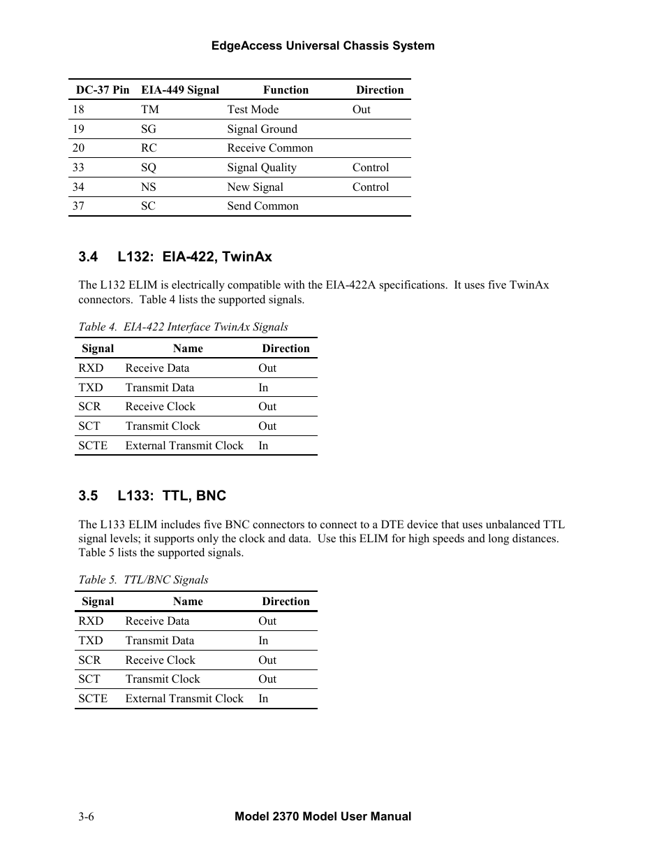 4l132: eia-422, twinax, 5l133: ttl, bnc, L132: eia-422, twinax -6 | L133: ttl, bnc -6 | CANOGA PERKINS 2370 High-Speed Universal Fiber Optic Modem User Manual | Page 20 / 56