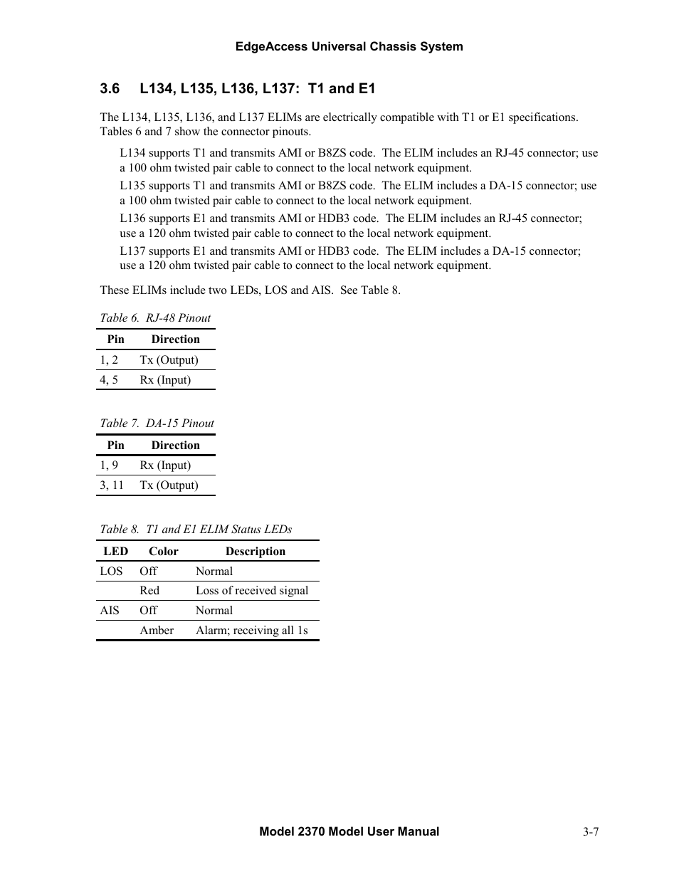 6l134, l135, l136, l137: t1 and e1, L134, l135, l136, l137: t1 and e1 -7 | CANOGA PERKINS 2370 High-Speed Universal Fiber Optic Modem User Manual | Page 21 / 56