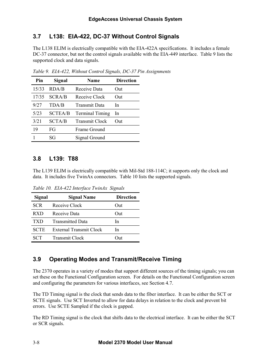 7l138: eia-422, dc-37 without control signals, 8l139: t88, 9operating modes and transmit/receive timing | L138: eia-422, dc-37 without control signals -8, L139: t88 -8, Operating modes and transmit/receive timing -8 | CANOGA PERKINS 2370 High-Speed Universal Fiber Optic Modem User Manual | Page 22 / 56