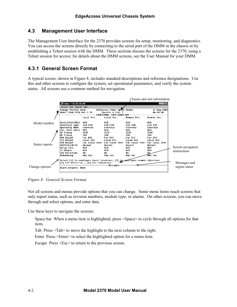 3management user interface, 1general screen format, Management user interface -2 | General screen format -2, Figure 8. general screen format -2 | CANOGA PERKINS 2370 High-Speed Universal Fiber Optic Modem User Manual | Page 26 / 56