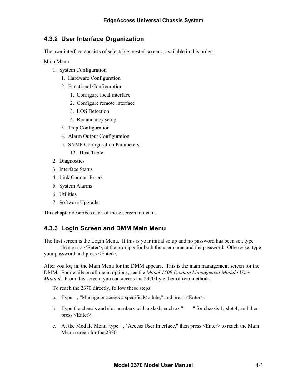 2user interface organization, 3login screen and dmm main menu, User interface organization -3 | Login screen and dmm main menu -3 | CANOGA PERKINS 2370 High-Speed Universal Fiber Optic Modem User Manual | Page 27 / 56