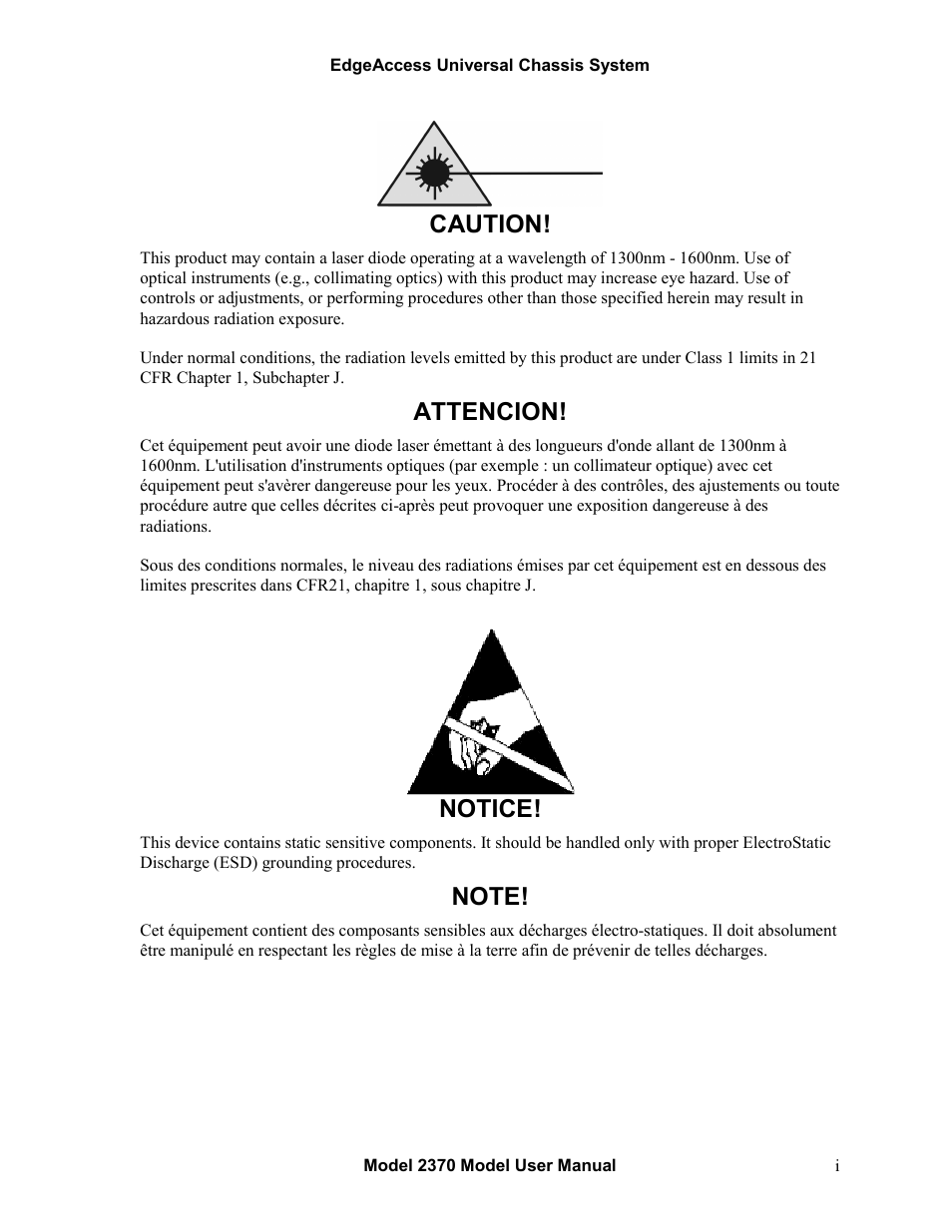 Caution, Attencion, Notice | CANOGA PERKINS 2370 High-Speed Universal Fiber Optic Modem User Manual | Page 3 / 56