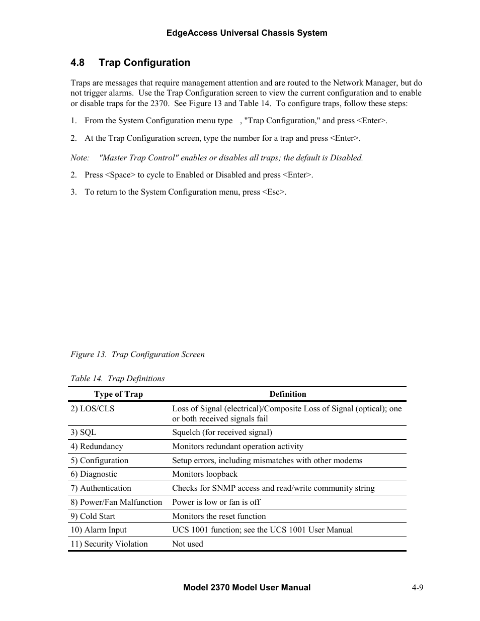 8trap configuration, Trap configuration -9, Figure 13. trap configuration screen -9 | Table 14. trap definitions -9, 8 trap configuration | CANOGA PERKINS 2370 High-Speed Universal Fiber Optic Modem User Manual | Page 33 / 56