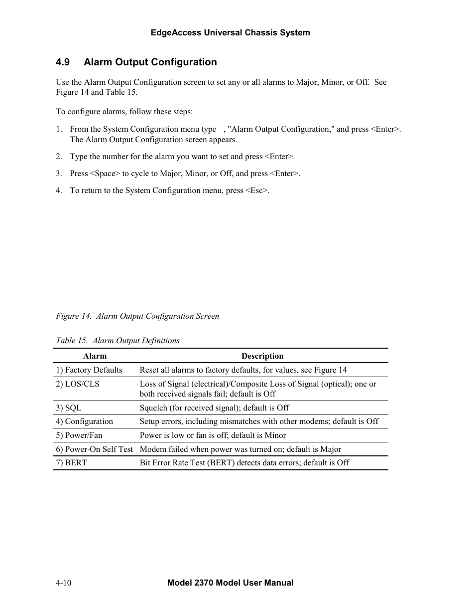 9alarm output configuration, Alarm output configuration -10, Figure 14. alarm output configuration screen -10 | Table 15. alarm output definitions -10, 9 alarm output configuration | CANOGA PERKINS 2370 High-Speed Universal Fiber Optic Modem User Manual | Page 34 / 56